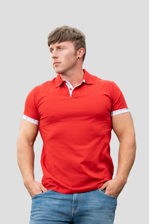 Herren Polo rot mit weissem Edelweiss am Arm und Kragen