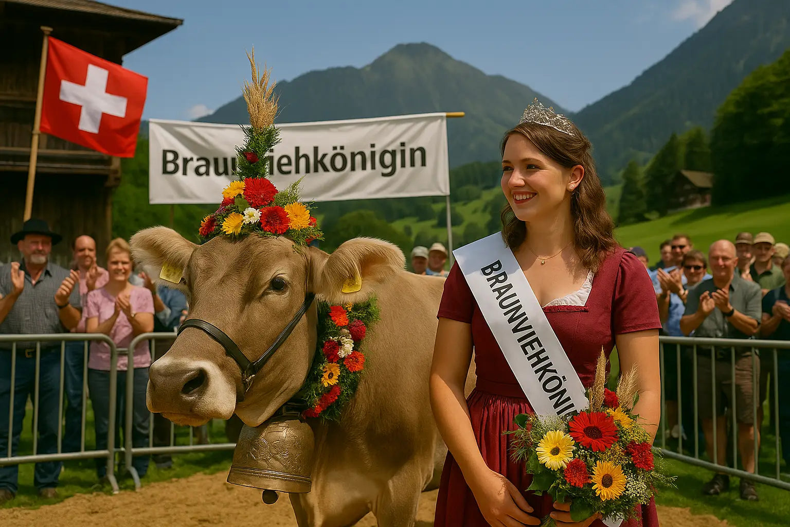 Braunviehkönigin mit traditioneller Krone und festlich geschmückter Braunvieh-Kuh bei einer Viehschau in der Schweiz – Braunvieh Schweiz