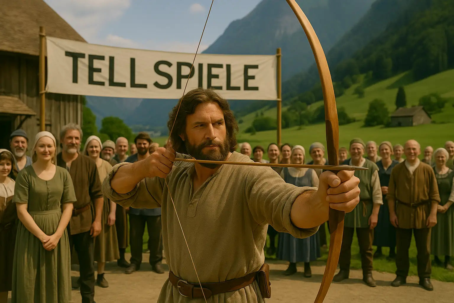 Schauspieler bei den Tellspielen in der Schweiz zielt mit Pfeil und Bogen vor traditionellem Bühnenbild und Alpenkulisse – historische Freilichtaufführung mit Publikum und Bergen im Hintergrund.
