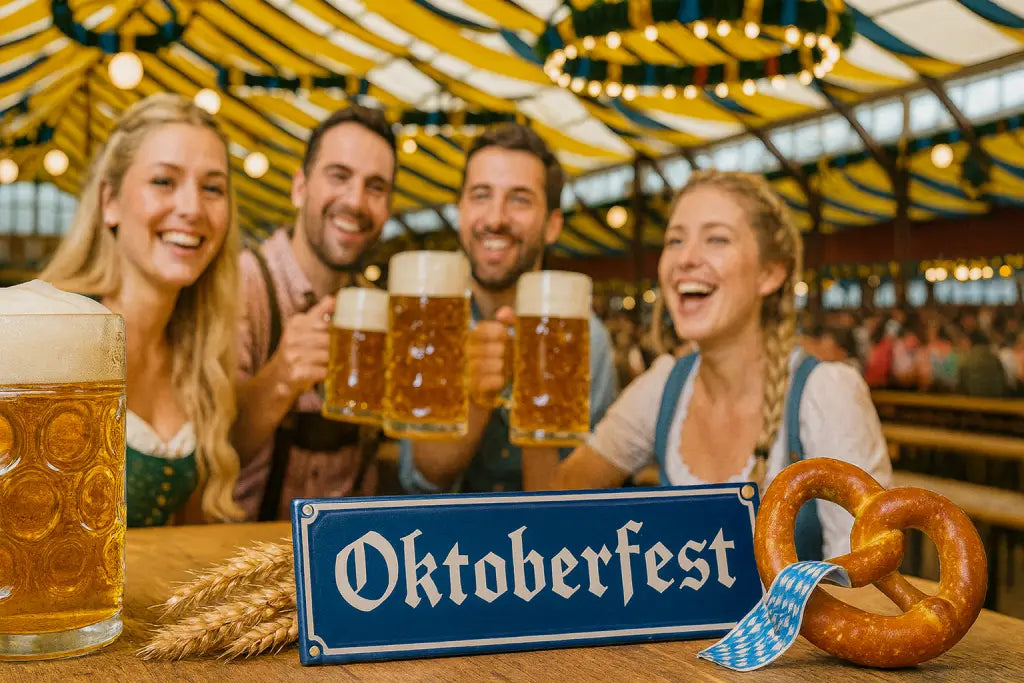 Gruppe fröhlicher Menschen in Trachten stößt im Oktoberfestzelt mit Bierkrügen an. Im Vordergrund: Oktoberfest-Schild, Brezel mit Band und Maß Bier auf Holz.