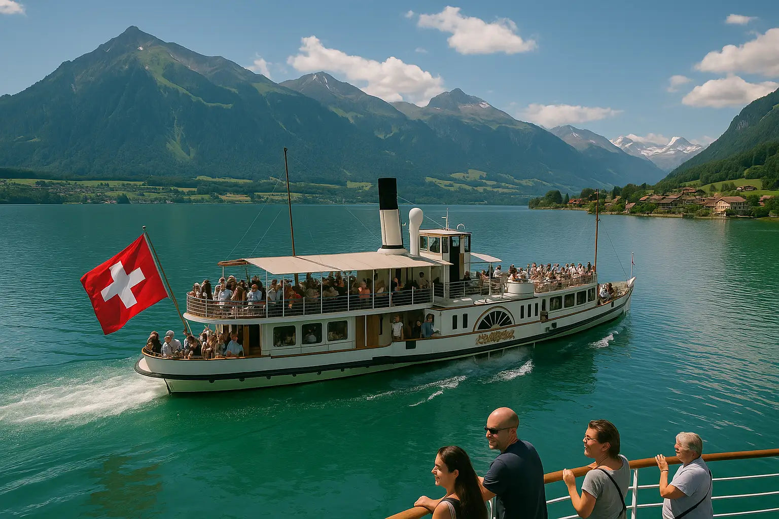 Panoramablick auf eine Schweizer Flussfahrt mit Dampfschiff auf türkisblauem See, umgeben von Alpenpanorama, grünen Hügeln und traditionellen Holzhäusern – Touristen genießen die Aussicht bei sonnigem Wetter.