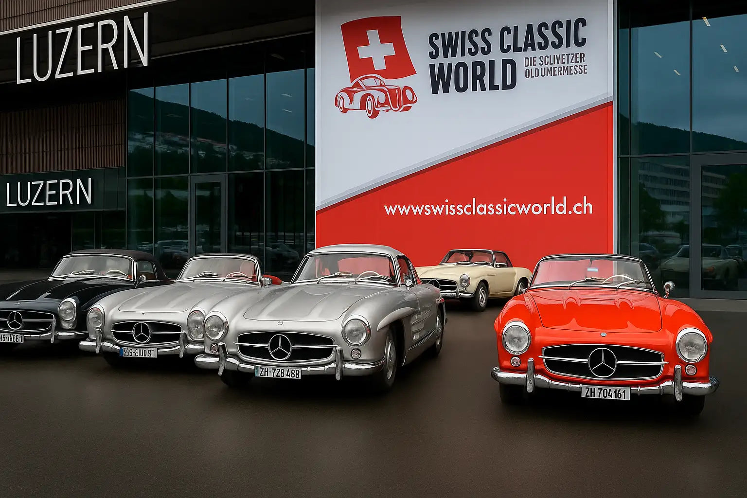 Klassische Mercedes-Benz Oldtimer vor dem Eingang der Swiss Classic World in Luzern, der führenden Oldtimer-Messe der Schweiz.