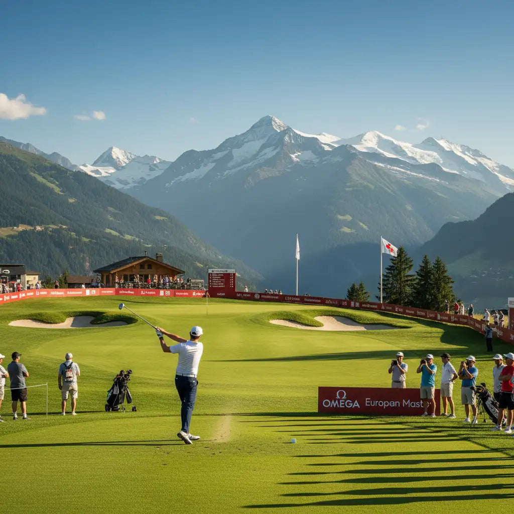 Golfer beim Abschlag beim Omega European Masters in Crans-Montana mit Alpenpanorama – internationales Golfturnier in der Schweiz