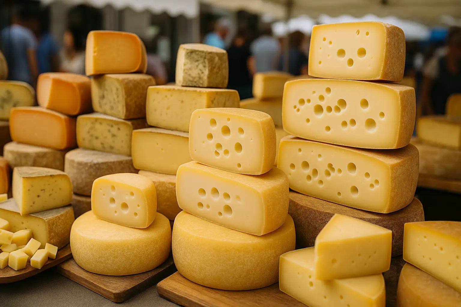 Nahaufnahme von Schweizer Käsesorten auf einem Marktstand beim Käsefestival in der Schweiz, mit Emmentaler, Bergkäse und weiteren Hartkäsesorten – Schweizer Käsefestival Nahaufnahme