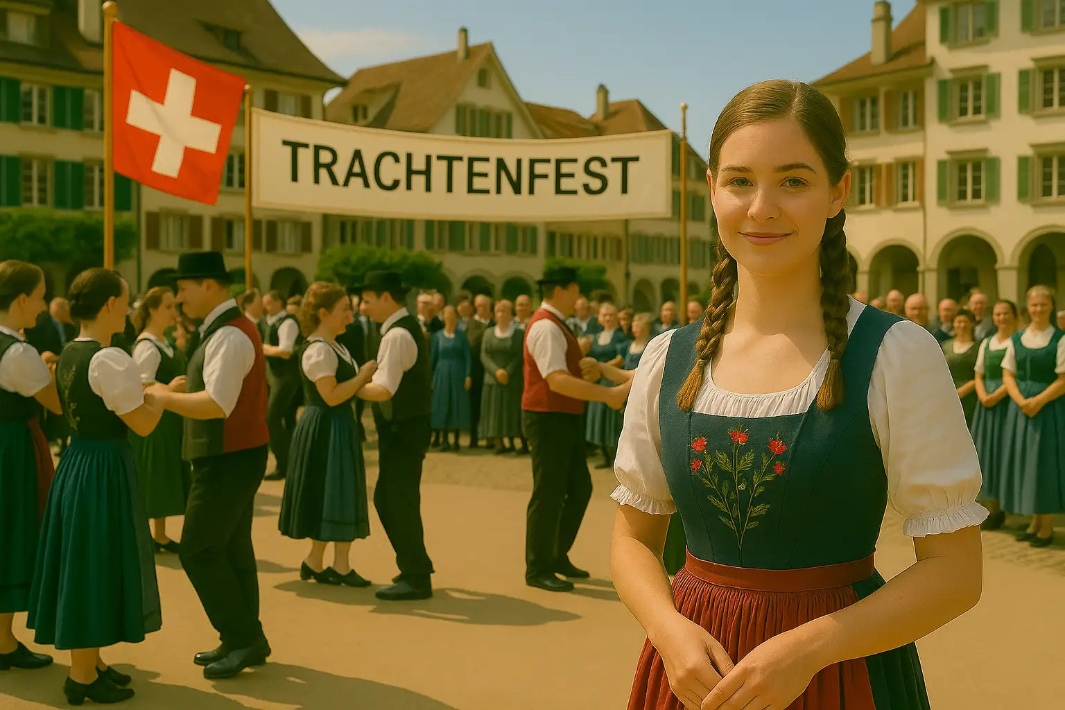 Junge Frau in traditioneller Schweizer Tracht beim Trachtenfest, im Vordergrund, mit geflochtenen Zöpfen und gesticktem Mieder; im Hintergrund tanzende Paare in Tracht auf dem Festplatz unter Schweizer Flagge.