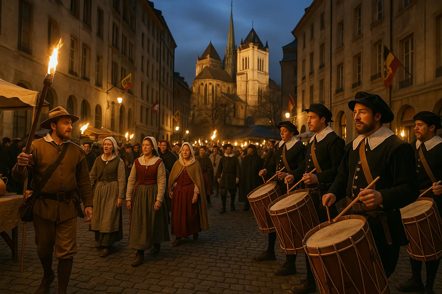 Historischer Umzug bei der Escalade in Genf mit Trommlern, Fackelträgern und Teilnehmerinnen in mittelalterlicher Kleidung vor der Kathedrale St. Peter – Escalade in Genf