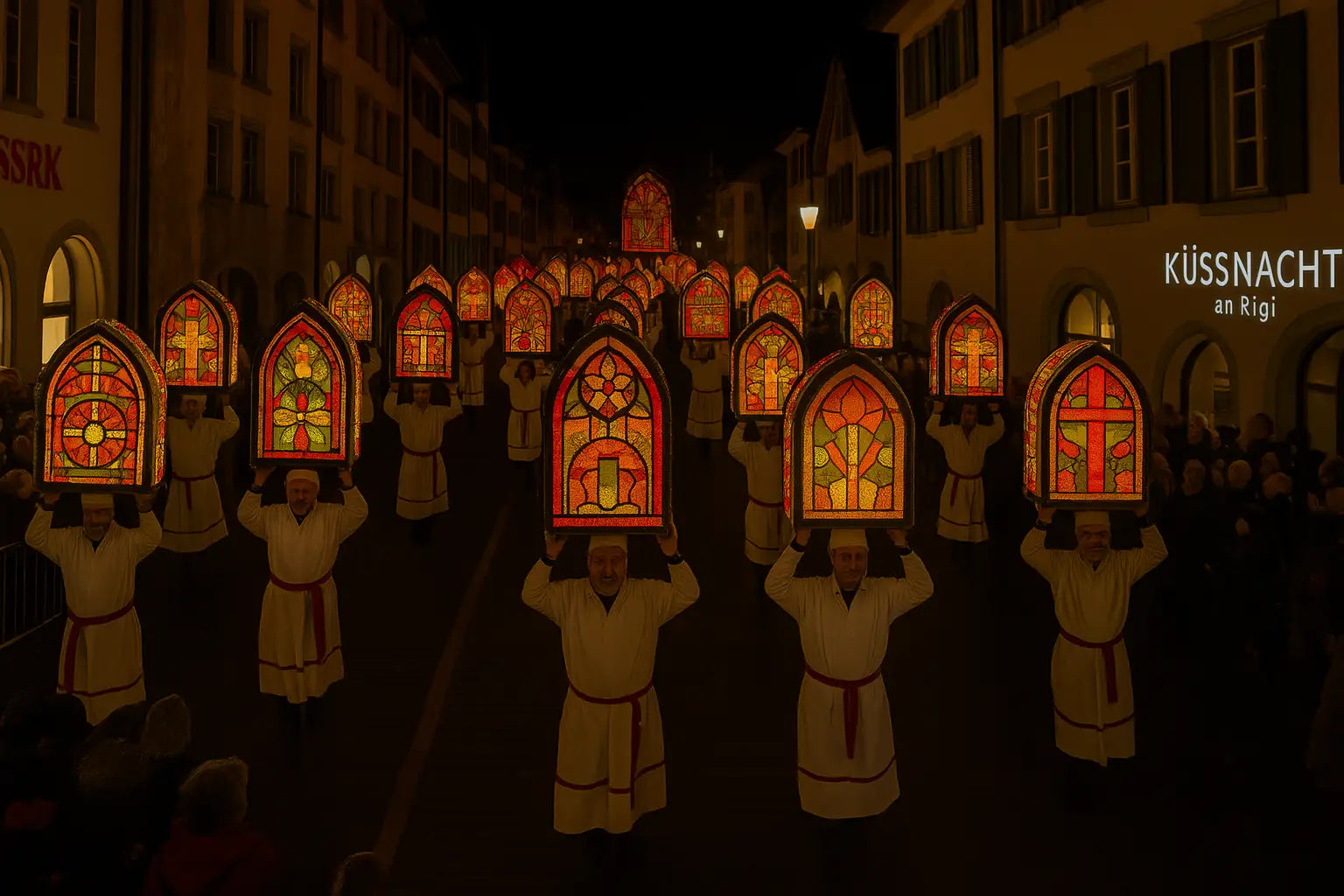 Klausjagen-Umzug in Küssnacht am Rigi mit Teilnehmern in weissen Gewändern und leuchtenden Iffelen-Laternen bei Nacht, festlich geschmückte Altstadt und Zuschauer am Strassenrand – Klausjagen Schweiz Küssnacht Tradition