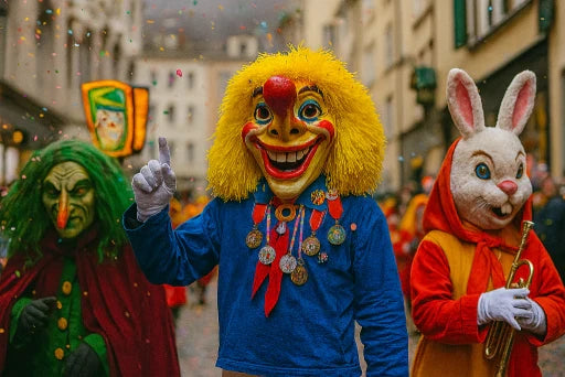 Maskierte Fasnächtler:innen mit Larven, Konfetti und fantasievollen Kostümen an der Basler Fasnacht in der Altstadt bei winterlicher Stimmung