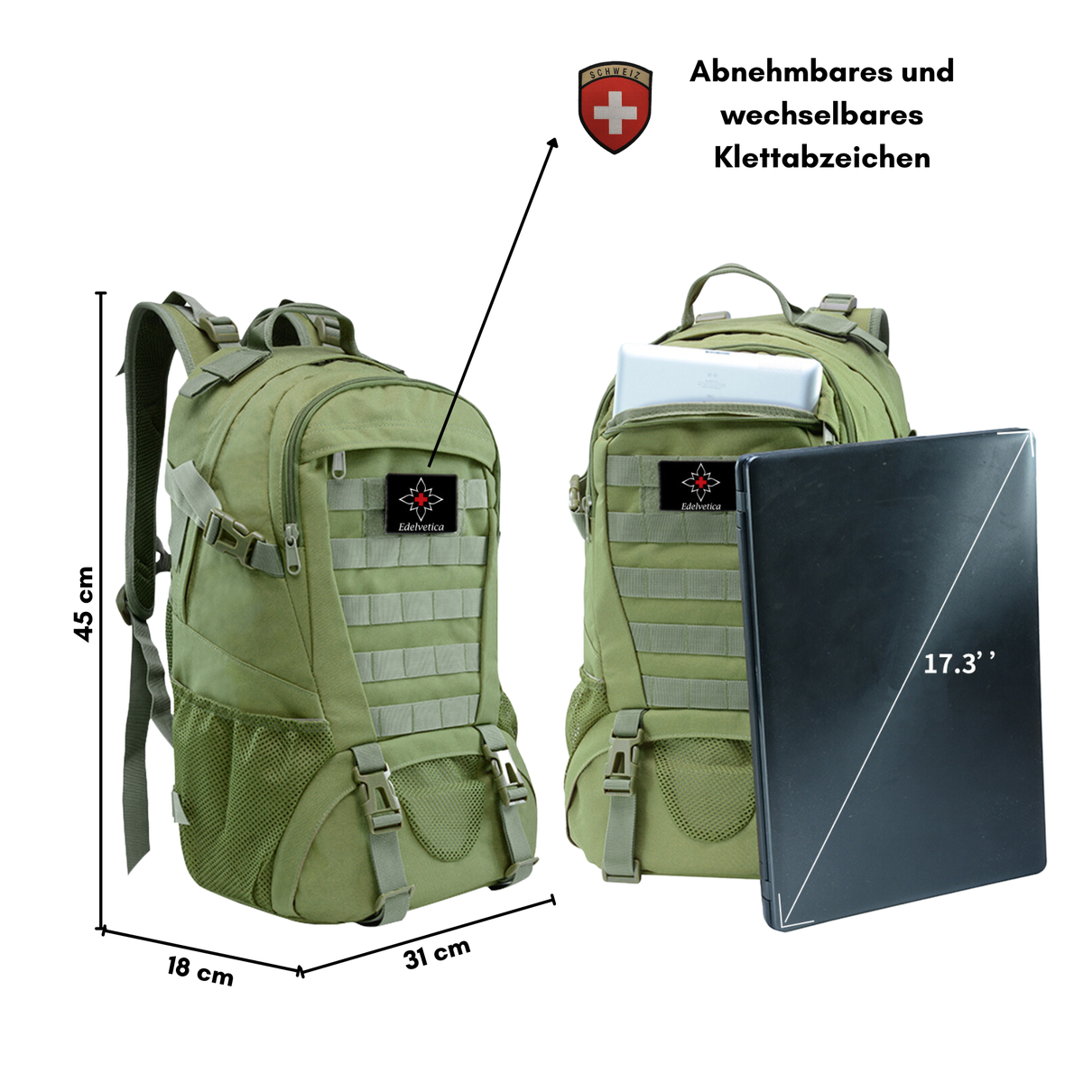 Outdoor-Rucksack mit 30 Liter Fassungsvermögen von Edelvetica, ideal für Wandern und Outdoor-Aktivitäten. Dieser robuste und funktionelle Rucksack bietet genügend Platz und Organisation für alle notwendigen Gegenstände. Er kombiniert Komfort mit langlebigem Design, geeignet für Abenteuer in der Natur.