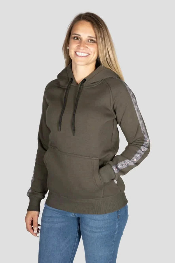 Damen Edelweiss-Kapuzenpullover – Gemütlicher Hoodie mit traditionellem Edelweiss-Muster an den Ärmeln. Weiche Baumwollmischung, lockere Passform, ideal für Freizeit und Outdoor. Schweizer Design von Edelvetica.
