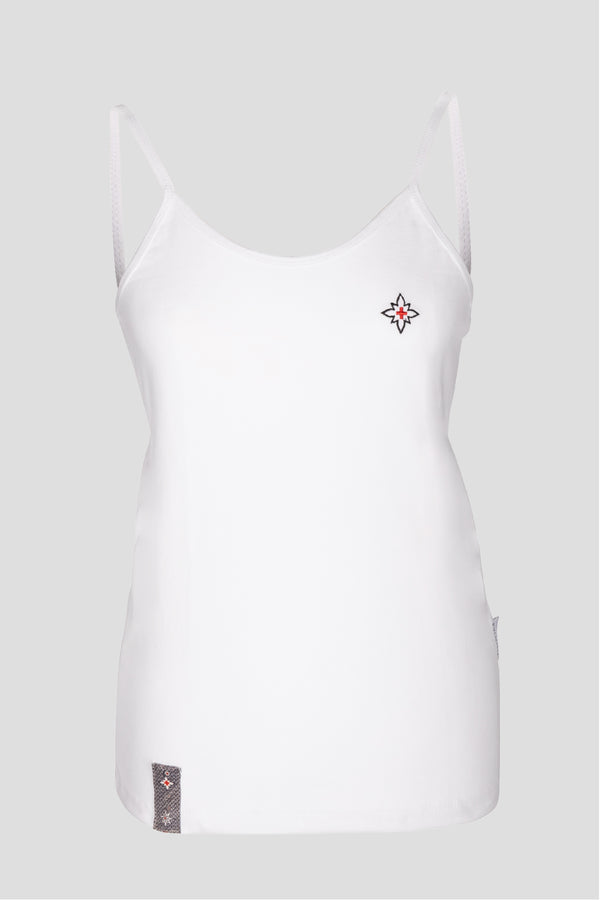 Damen Edelweiss Spaghetti-Top von Edelvetica, ein elegantes und sommerliches Kleidungsstück. Dieses Top zeichnet sich durch ein feines Edelweiss-Muster aus und bietet einen leichten und luftigen Tragekomfort. Ideal für warme Tage, kombiniert es schweizerische Tradition mit einem femininen und modernen Stil