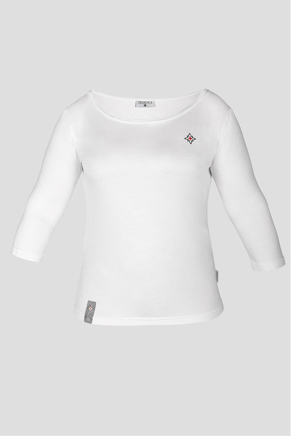 Damen Edelweiss U-Boot-Shirt von Edelvetica, ein modisches und bequemes Kleidungsstück. Dieses Shirt zeichnet sich durch seinen U-Boot-Ausschnitt aus und ist mit einem dezenten Edelweiss-Muster verziert. Es kombiniert Eleganz mit einem Hauch von Schweizer Tradition, ideal für einen entspannten, aber stilvollen Look.