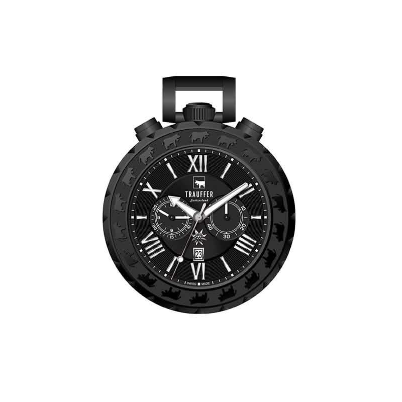 Trauffer Taschenuhr Chronograph schwarz mit Edelweiss & Alpaufzug – Swiss Made