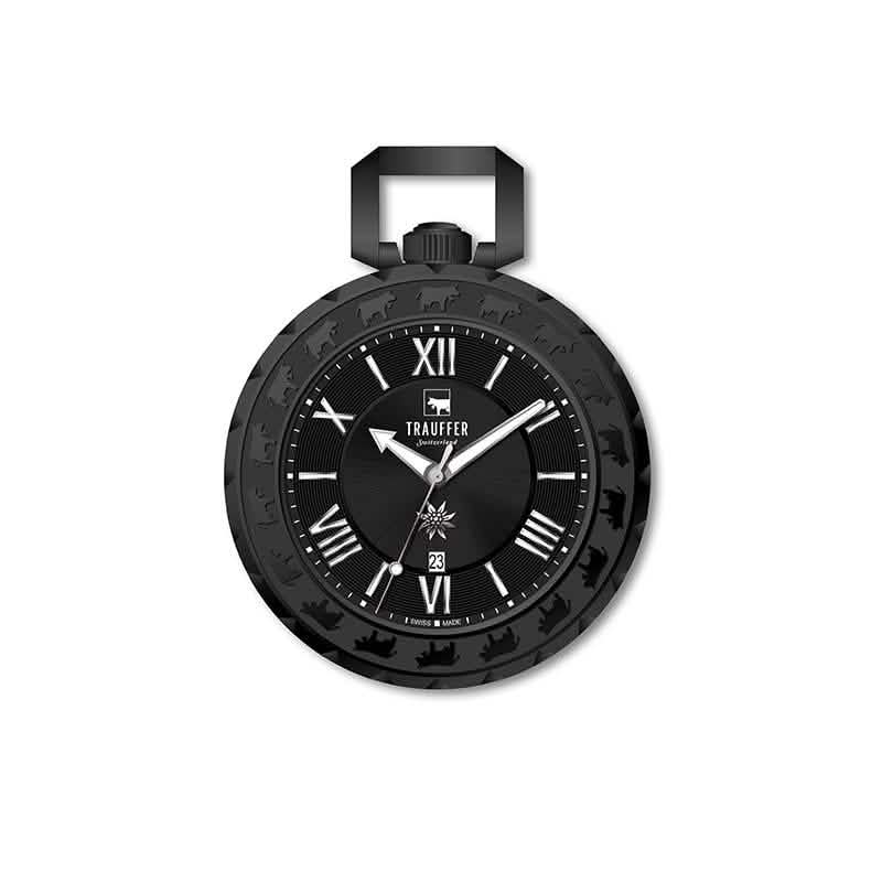 Trauffer Taschenuhr schwarz mit Edelweiss-Gravur und Alpaufzug-Lünette – Swiss Made