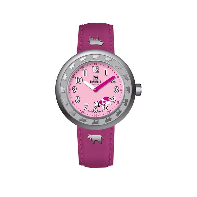 Trauffer Kinderuhr pink mit Tiergravur und Kuhmotiv – Swiss Made