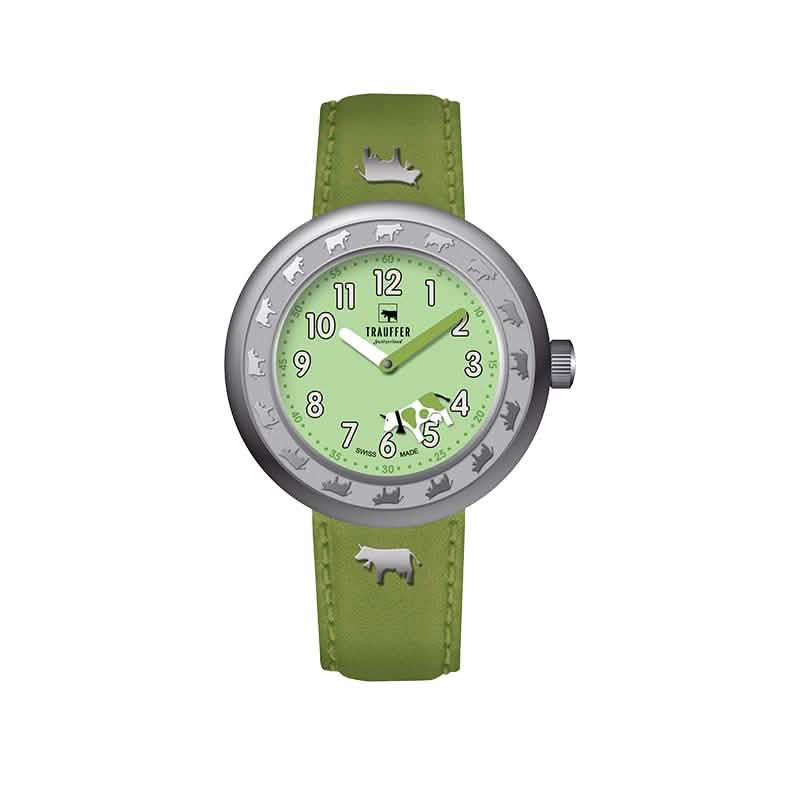 Trauffer Kinderuhr grün mit Tiermotiven und Lederband – Swiss Made
