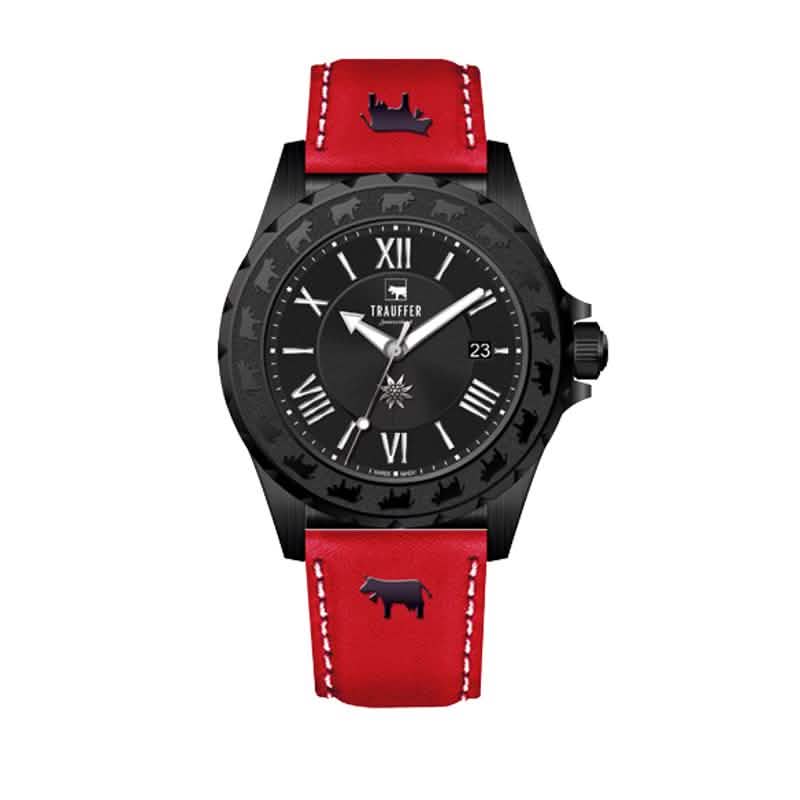Trauffer Damenuhr in Schwarz mit rotem Lederarmband, Edelweiss-Zifferblatt und Alpaufzug-Gravur – Swiss Made