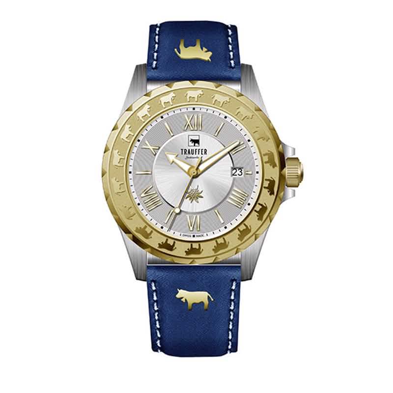 Trauffer Herrenuhr mit gold-silbernem Gehäuse, blauem Lederarmband, silbernem Zifferblatt und Alpaufzug-Gravur – Swiss Made