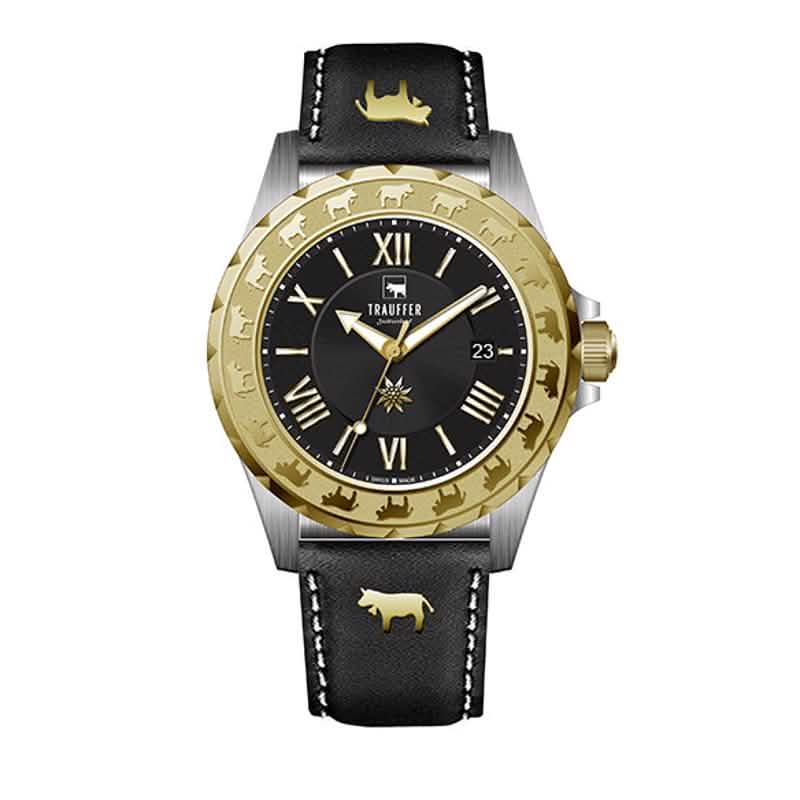Trauffer Herrenuhr mit gold-silbernem Gehäuse, schwarzem Lederarmband, schwarzem Zifferblatt und Alpaufzug-Gravur – Swiss Made