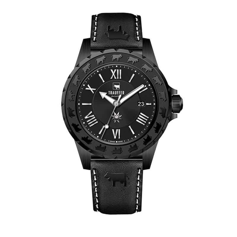 Trauffer Damenuhr in Schwarz mit Lederarmband, Alpaufzug-Gravur und Edelweiss-Zifferblatt – Swiss Made
