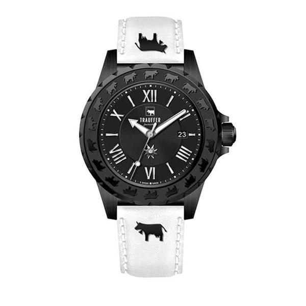 Trauffer Damenuhr in Schwarz mit weissem Lederarmband, Alpaufzug-Gravur und Edelweiss-Zifferblatt – Swiss Made