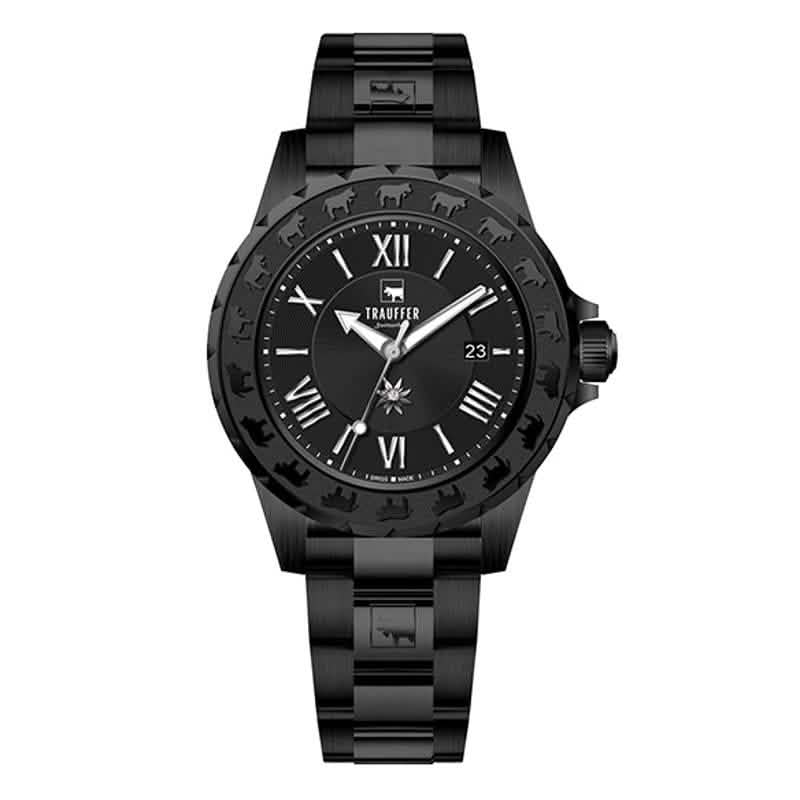 Trauffer Damenuhr in All Black mit schwarzem Edelstahlarmband, schwarzem Zifferblatt und Alpaufzug-Gravur – Swiss Made