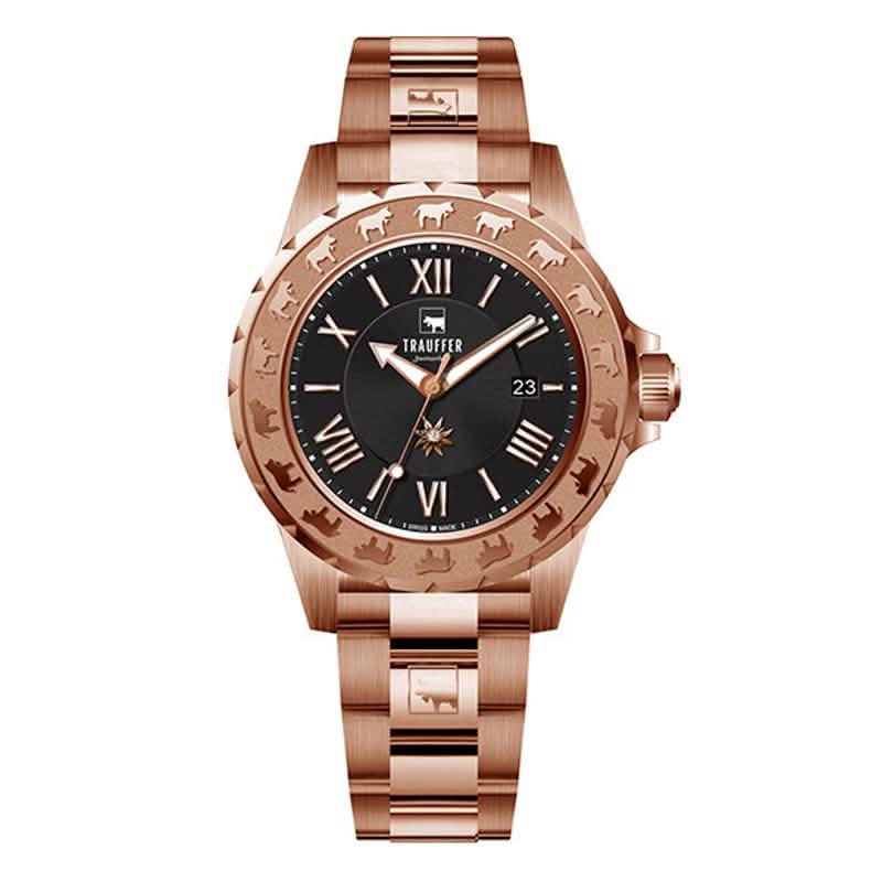 Trauffer Damenuhr mit roségoldenem Edelstahlarmband, schwarzem Zifferblatt und Alpaufzug-Gravur – Swiss Made