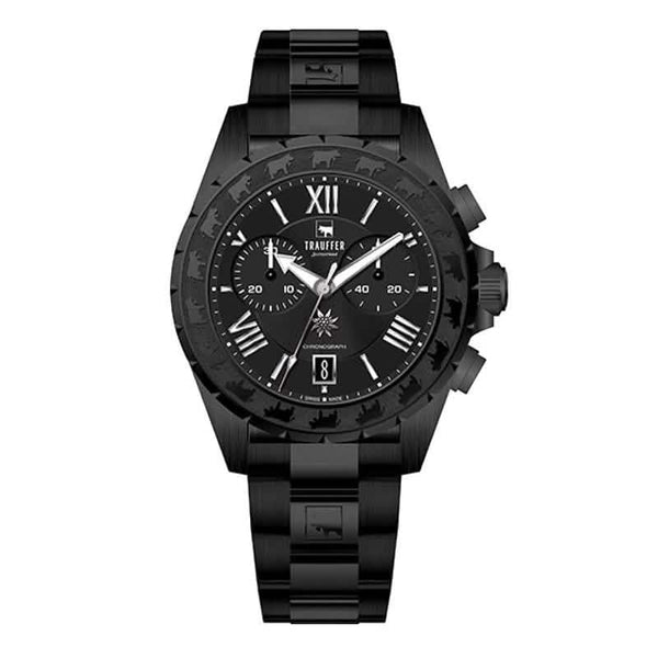 Trauffer Chronograph All Black mit Edelstahlband & Alpaufzug-Gravur – Swiss Made