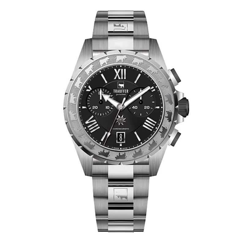 Trauffer Chronograph mit Edelstahlarmband, Alpaufzug-Gravur & schwarzem Zifferblatt – Swiss Made