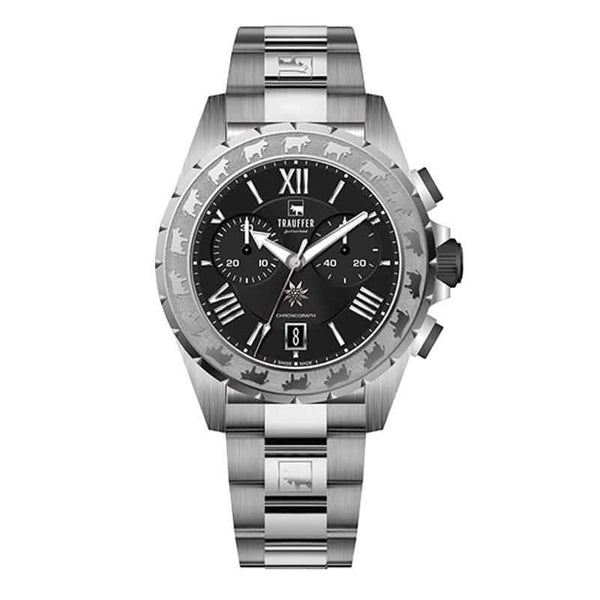 Trauffer Chronograph mit Edelstahlarmband, Alpaufzug-Gravur & schwarzem Zifferblatt – Swiss Made