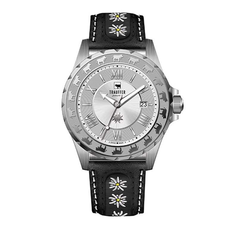 Trauffer Herrenuhr mit silberfarbenem Gehäuse, schwarzem Lederarmband mit Edelweiss-Stickerei, silbernem Zifferblatt und Alpaufzug-Gravur – Swiss Made