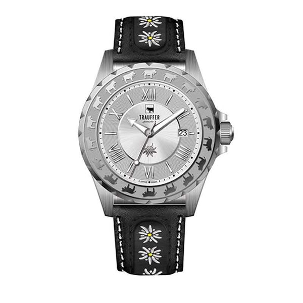 Trauffer Herrenuhr mit silberfarbenem Gehäuse, schwarzem Lederarmband mit Edelweiss-Stickerei, silbernem Zifferblatt und Alpaufzug-Gravur – Swiss Made