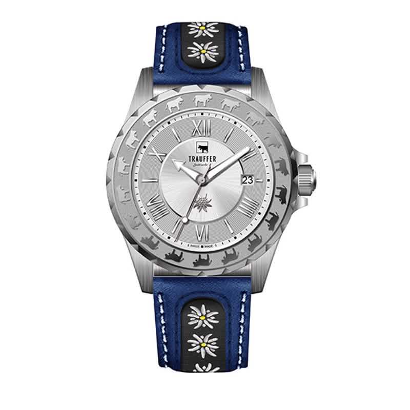 Trauffer Herrenuhr mit silberfarbenem Gehäuse, blauem Lederarmband mit Edelweiss-Stickerei, silbernem Zifferblatt und Alpaufzug-Gravur – Swiss Made