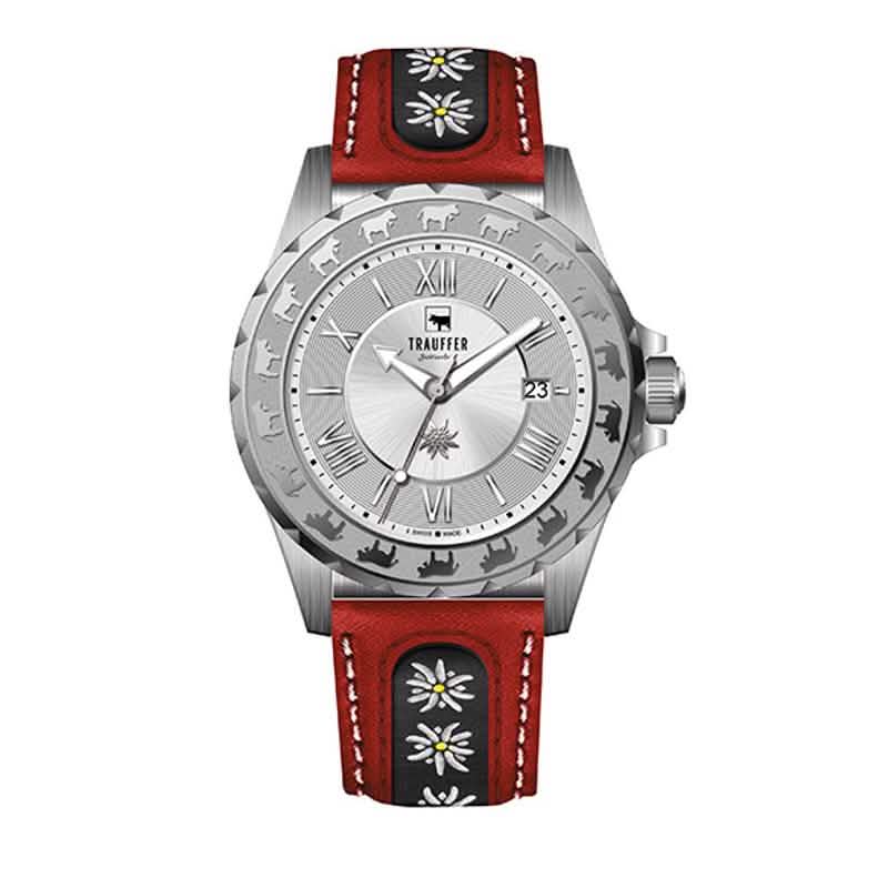 Trauffer Herrenuhr mit silberfarbenem Gehäuse, rotem Lederarmband mit Edelweiss-Stickerei, silbernem Zifferblatt und Alp