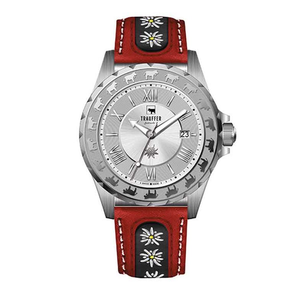 Trauffer Herrenuhr mit silberfarbenem Gehäuse, rotem Lederarmband mit Edelweiss-Stickerei, silbernem Zifferblatt und Alp