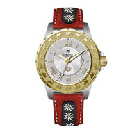Trauffer Damenuhr mit gold-silbernem Gehäuse, rotem Lederarmband mit Edelweiss-Stickerei, Edelweiss-Zifferblatt und Alpaufzug-Gravur – Swiss Made