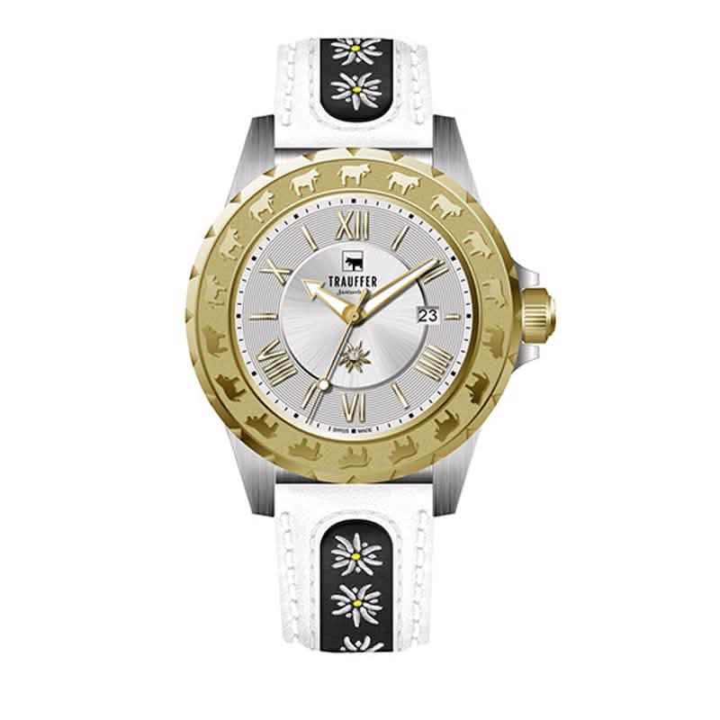 Trauffer Damenuhr mit gold-silbernem Gehäuse, weissem Lederarmband mit Edelweiss-Stickerei, Edelweiss-Zifferblatt und Alpaufzug-Gravur – Swiss Made