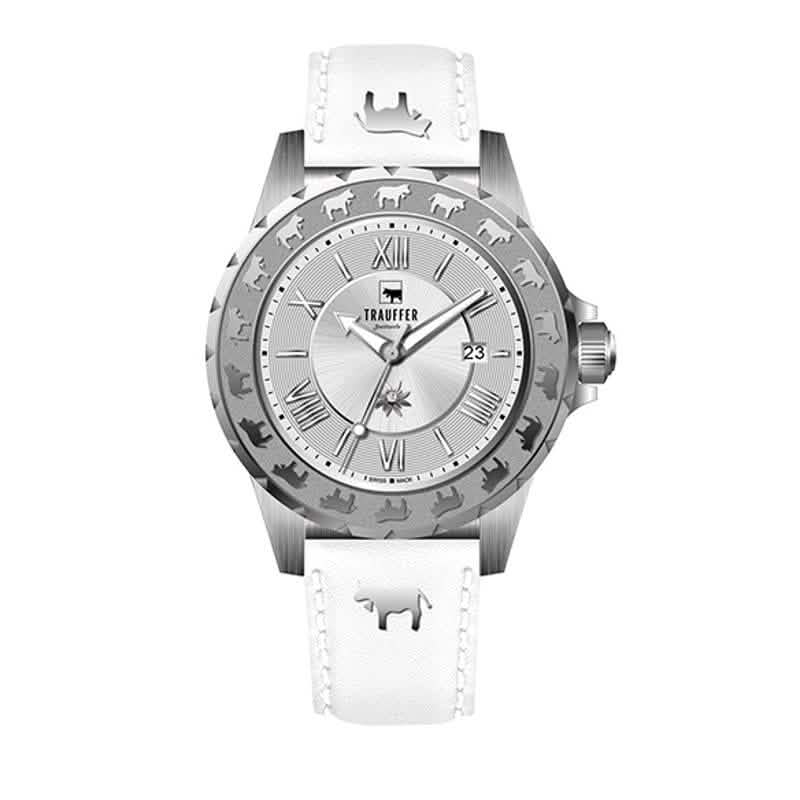 Trauffer Damenuhr mit silberfarbenem Gehäuse, weissem Lederarmband, silbernem Zifferblatt und Alpaufzug-Gravur – Swiss Made
