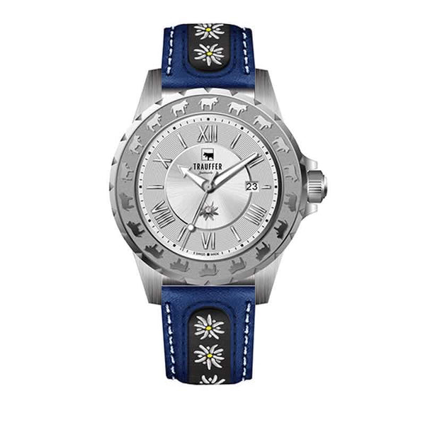 Trauffer Damenuhr mit silberfarbenem Gehäuse, blauem Lederarmband mit Edelweiss-Stickerei, silbernem Zifferblatt und Alpaufzug-Gravur – Swiss Made