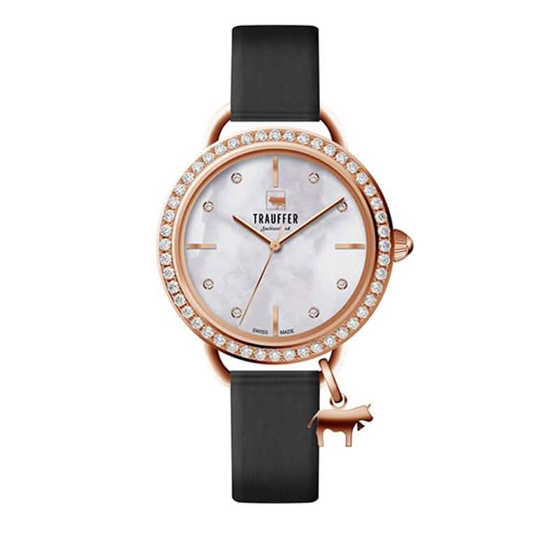 Trauffer Damenuhr mit roségoldenem Gehäuse, schwarzem Band, Perlmutt-Zifferblatt, Steinlünette und roségoldenem Kuh-Charm – Swiss Made