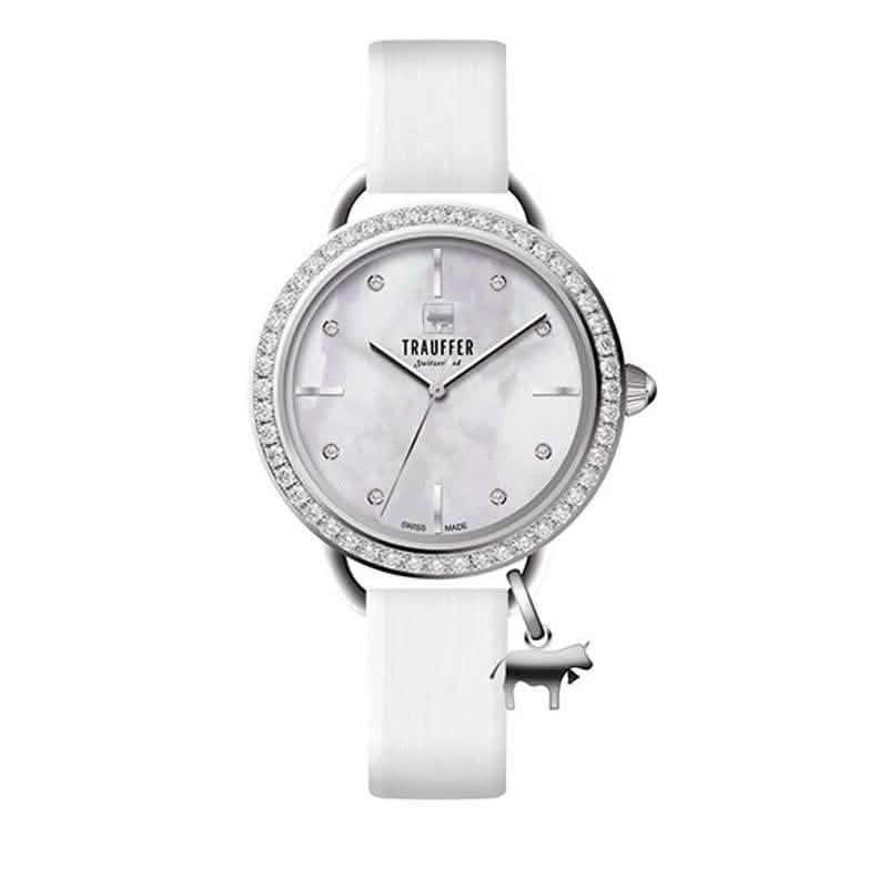 Trauffer Damenuhr mit silberfarbenem Gehäuse, weissem Band, Perlmutt-Zifferblatt, Steinlünette und silbernem Kuh-Charm – Swiss Made