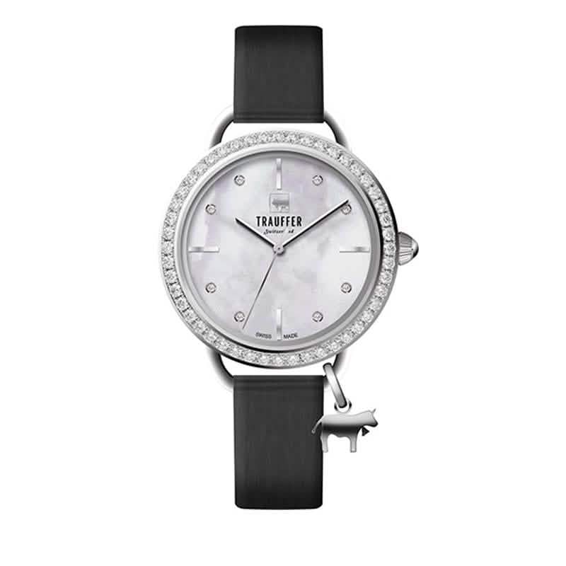 Trauffer Damenuhr mit silberfarbenem Gehäuse, schwarzem Band, Perlmutt-Zifferblatt, Steinlünette und silbernem Kuh-Charm – Swiss Made