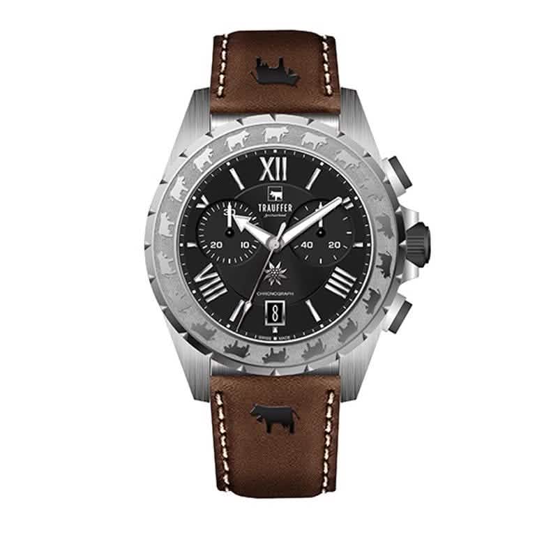 Trauffer Chronograph mit braunem Lederarmband & Alpaufzug-Lünette – Swiss Made