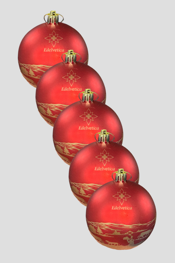 Edelvetica Weihnachtskugeln im 5er-Pack, eine festliche und elegante Dekoration für die Weihnachtszeit. Jede Kugel präsentiert ein einzigartiges Design, das traditionelle Schweizer Motive mit modernem Flair kombiniert. Diese Kugeln sind perfekt, um jedem Weihnachtsbaum einen Hauch von alpiner Eleganz zu verleihen.