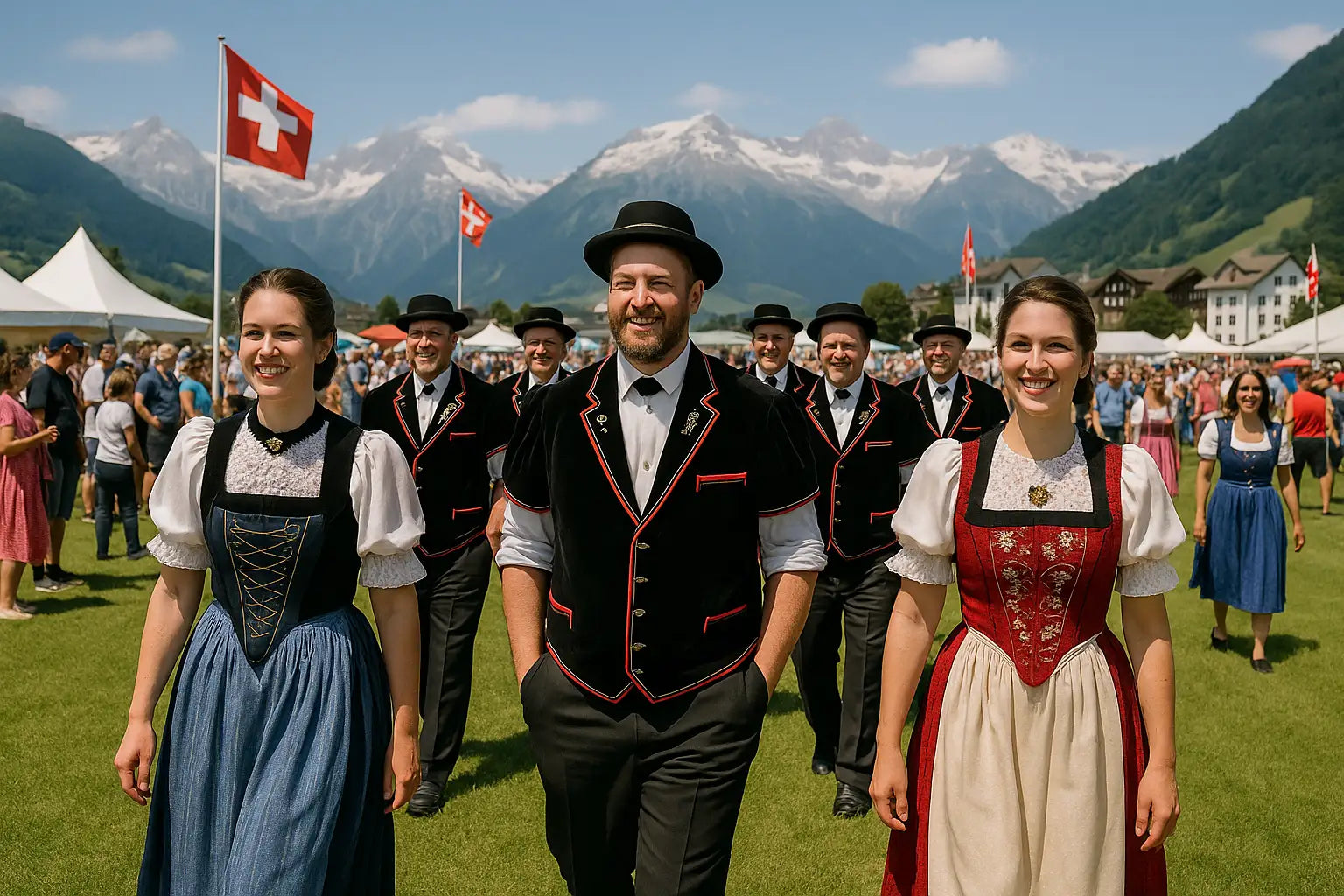 Männer in schwarzen Jodlerjacken und Frauen in festlichen Kleidern laufen zum Jodlerfest in den Alpen.
