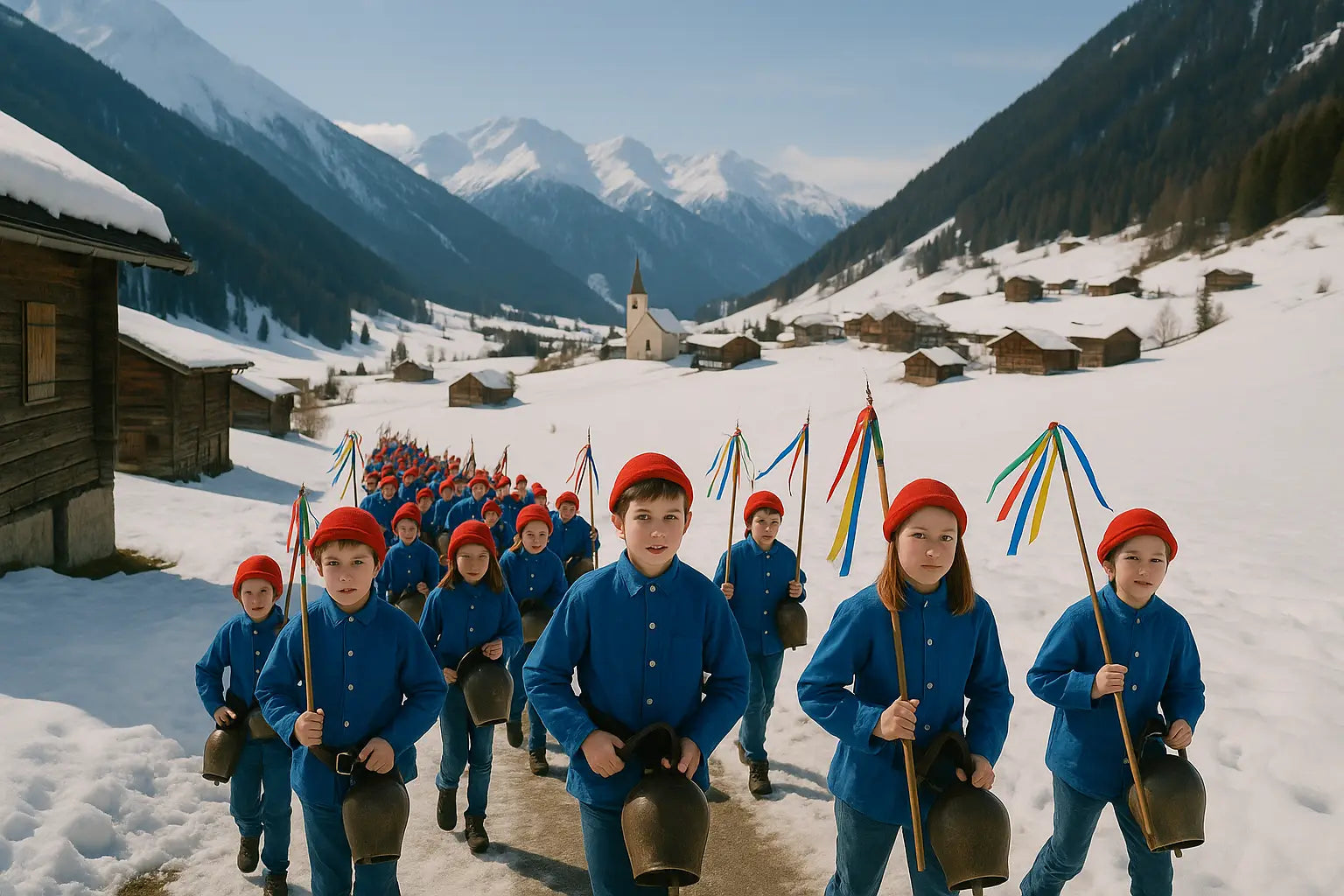 Teilnehmer des Umzugs tragen farbenfrohe Mützen und Glocken in alpiner Winterkulisse.