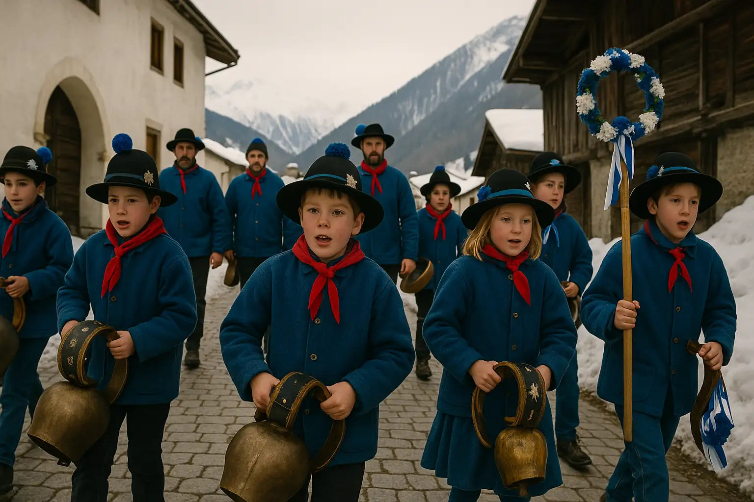 Kinder tragen verzierte Hüte mit bunten Bändern und folgen bei der Prozession.