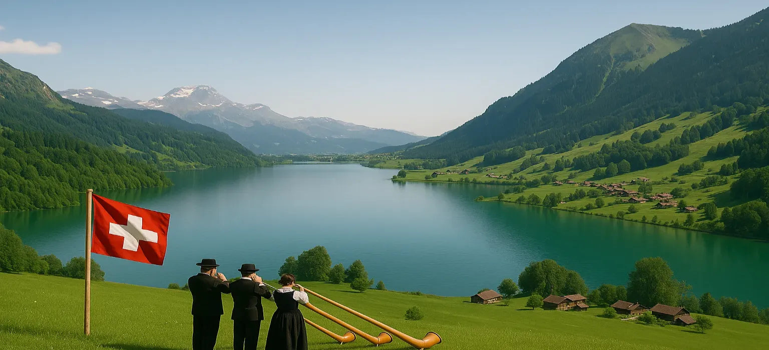 Gruppe von Musikanten bläst auf Alphörnern mit Blick auf Schweizer Gipfel.