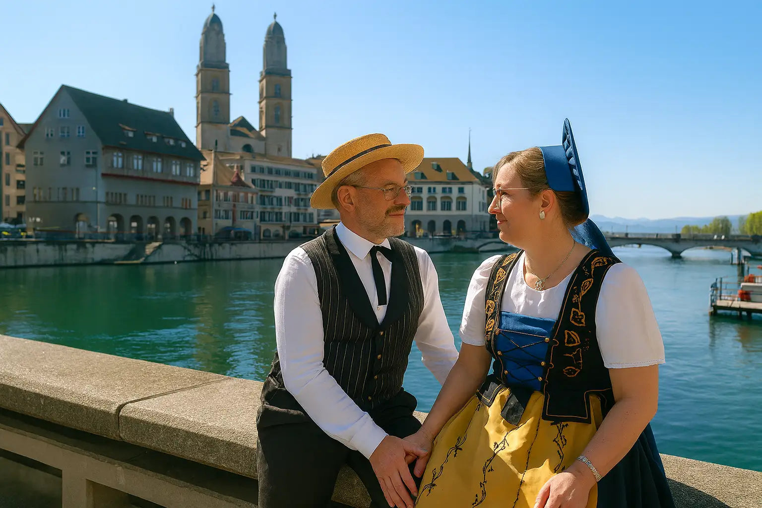 Älteres Paar auf einer Flussbrücke in der Schweiz, gekleidet in Traditionellen Trachten