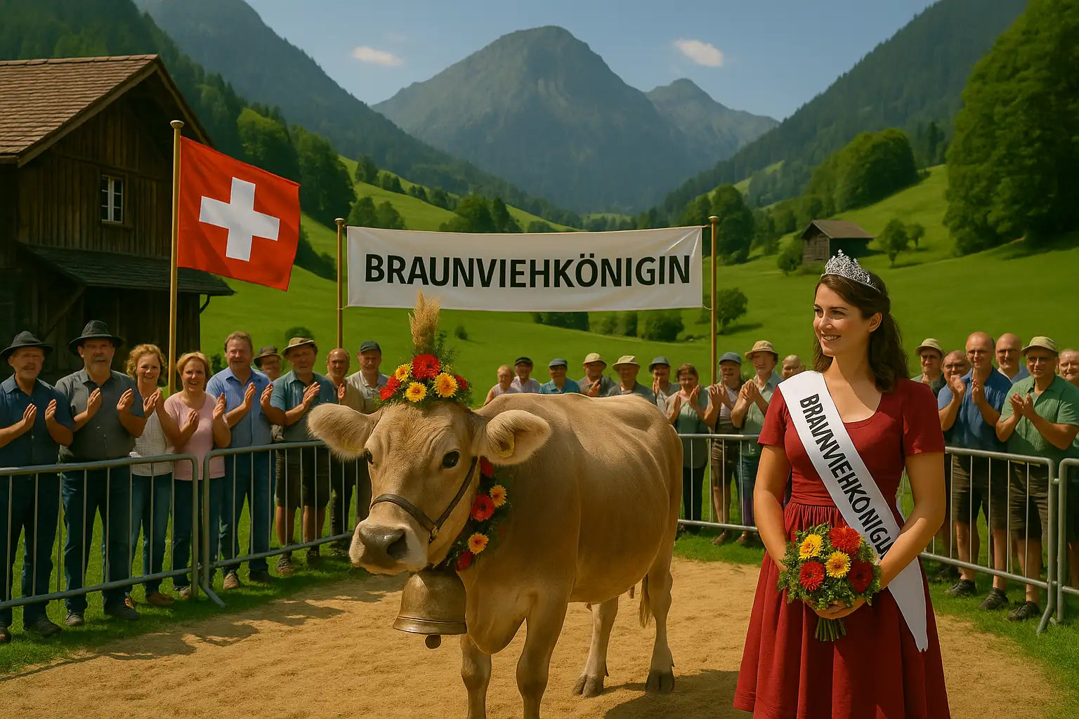 Eine Braunviehkönigin in rotem Kleid mit Schärpe und Krone steht neben einer geschmückten Kuh mit Glocke, während Zuschauer in einer alpinen Landschaft applaudieren.